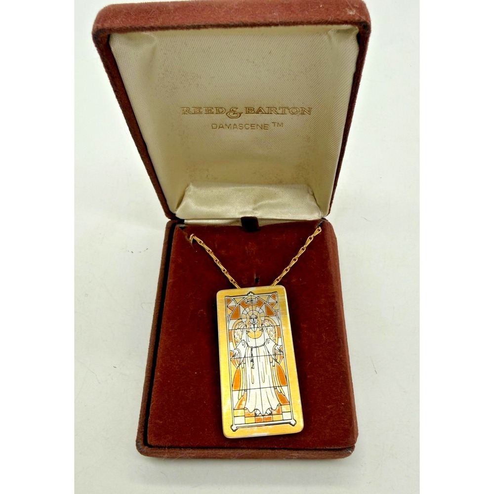 Reed & Barton Damascene Angel Pendant Necklace 18in Gold Tone‎ Christmas 1st Ed